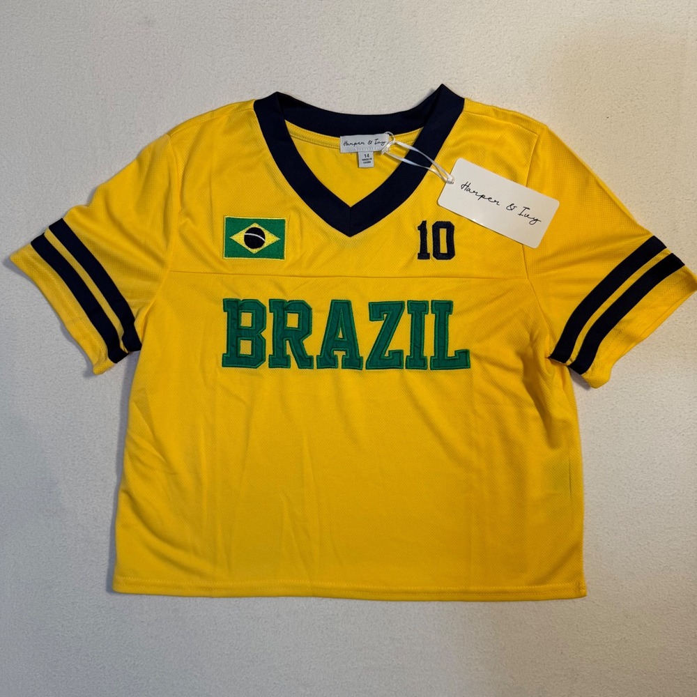 Harper & Ivy Kids Brazil Soccer Jersey Yellow V-Neck Shirt Size 14 NWT